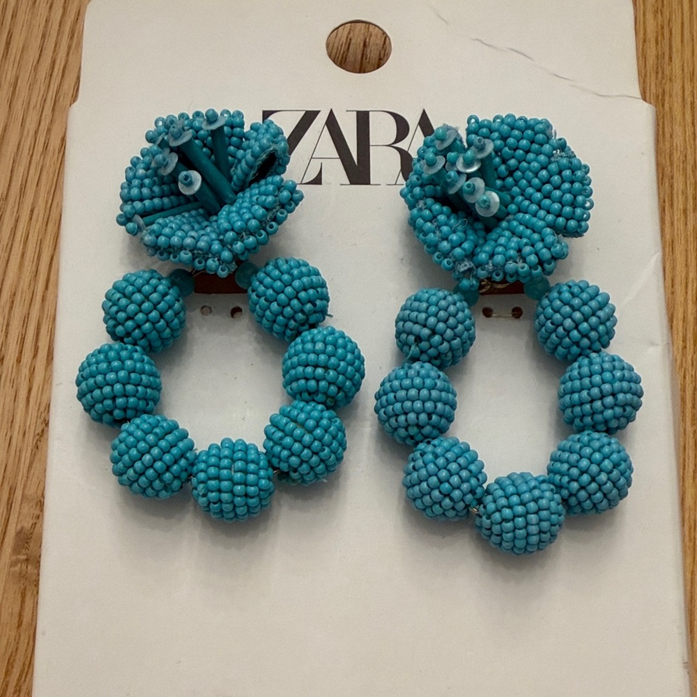 ZARA Turquoise Beaded Floral Hoop Earrings